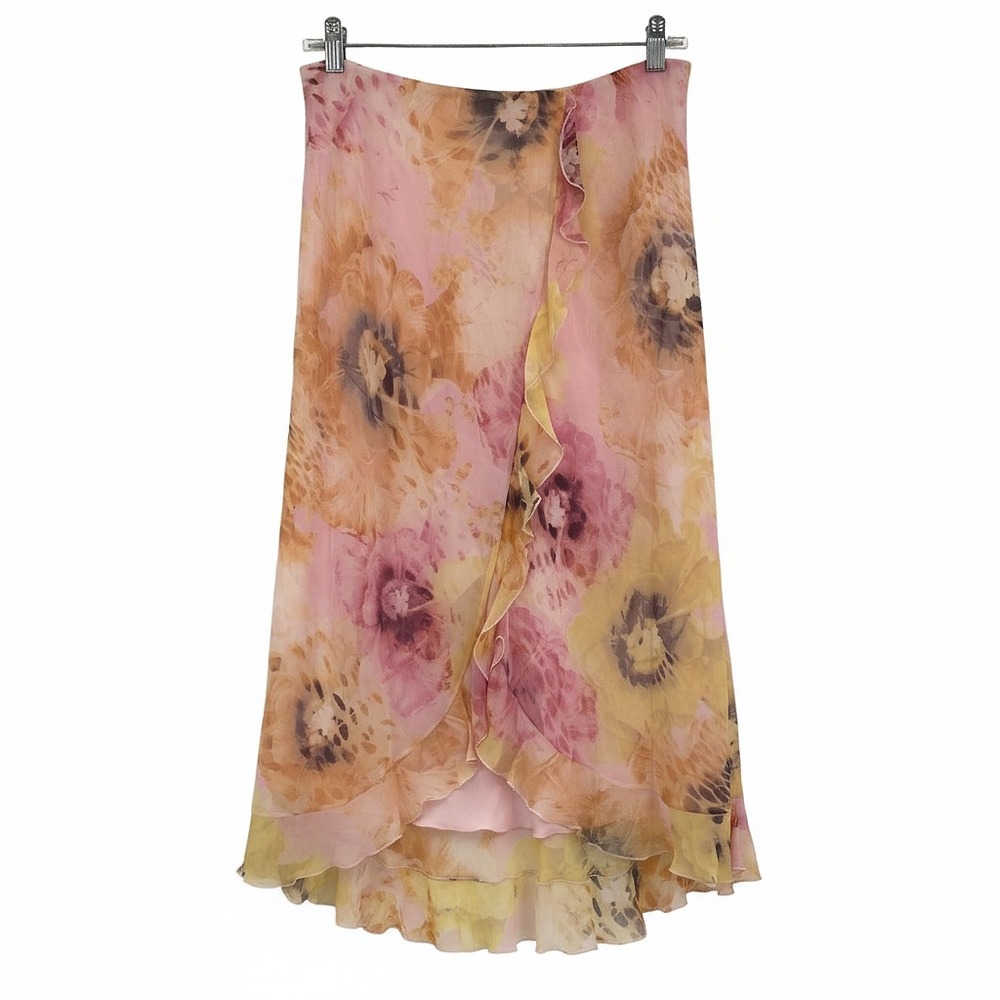 Escada Pink Yellow Floral Silk Ruffle Midi Skirt | Regular 2